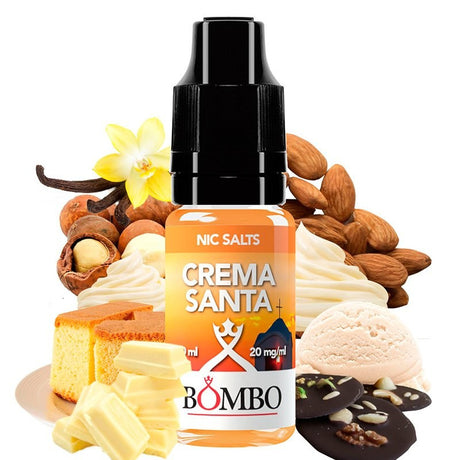 Botella de e-liquid Bombo Bar Juice Crema Santa de 10 ml (10 mg) con etiqueta en tonos suaves, junto a su caja, acompañada de elementos cremosos que evocan un sabor dulce, suave y tipo postre.