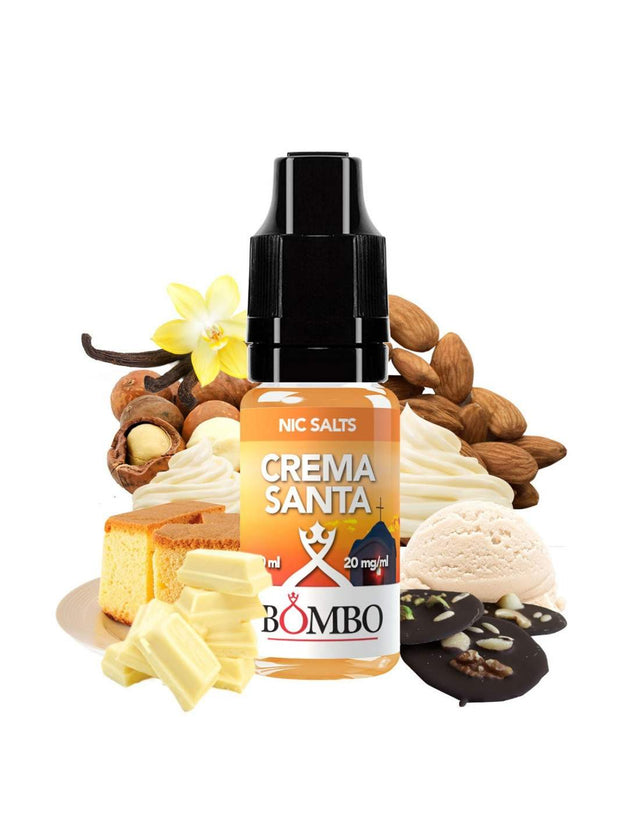 e-liquid bottle Bombo Bar Juice Holy Cream 10 ml (20 mg) with a label in soft tones, accompanied by creamy elements that evoke a sweet, soft, dessert-like flavor.