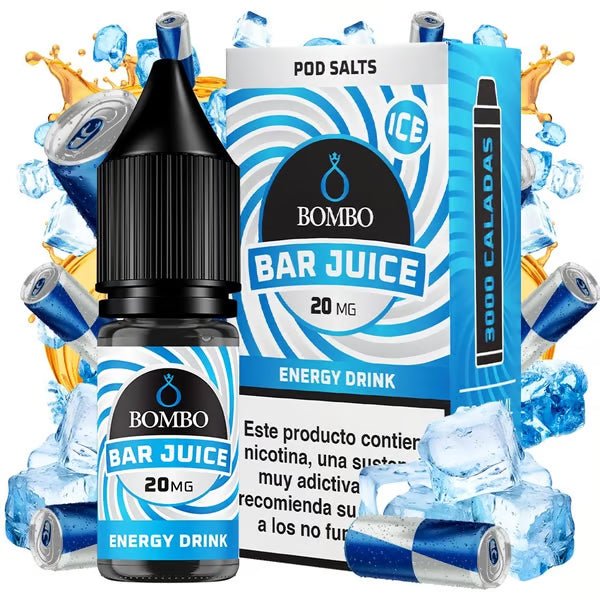 e-liquid bottle Bombo Bar Juice 10 ml Energy Drink Ice with a blue label, along with its box, accompanied by ice and elements that evoke an energy drink, suggesting an intense, sweet and refreshing flavor.