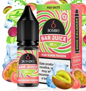 bottiglia di liquido elettronico Bombo Bar Juice Kiwi Passion Fruit da 10 ml con un'etichetta nei toni del verde e del giallo, insieme alla sua scatola, accompagnato da kiwi e frutto della passione che evocano un sapore tropicale, dolce e leggermente acido.