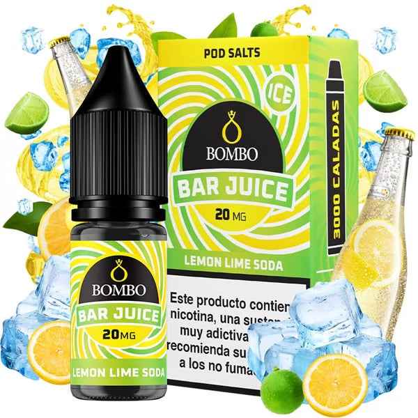 bottiglia di liquido elettronico Bombo Bar Juice Lemon Lime Soda 10 ml, dal design sorprendente e colorato, che rappresenta un sapore rinfrescante di limone e lime con un tocco di bevanda gassata.
