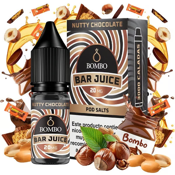 e-liquid bottle Bombo Bar Juice Nutty Chocolate 10 ml with a brown label, next to its box, accompanied by chocolate and nuts that evoke a sweet, intense and creamy flavor.