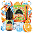 Botella de e-liquid Bombo Bar Juice Orange Soda de 10 ml con etiqueta en tonos naranjas, junto a su caja, acompañada de rodajas de naranja y burbujas que evocan un sabor cítrico, dulce y refrescante tipo refresco.