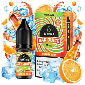 Botella de e-liquid Bombo Bar Juice Orange Soda de 10 ml con etiqueta en tonos naranjas, junto a su caja, acompañada de rodajas de naranja y burbujas que evocan un sabor cítrico, dulce y refrescante tipo refresco.