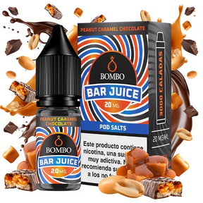 e-liquid bottle Bombo Bar Juice Peanut Chocolate Caramel 10 ml, with a sweet design that evokes peanuts, chocolate and caramel.