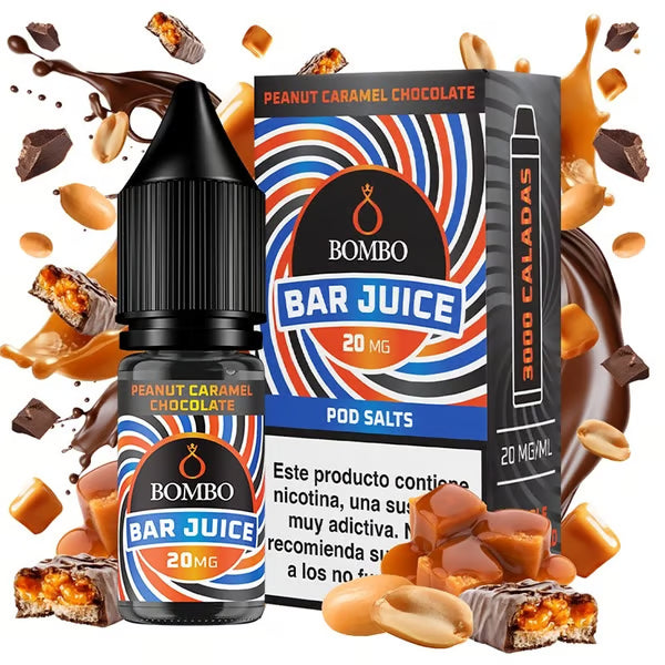 e-liquid bottle Bombo Bar Juice Peanut Chocolate Caramel 10 ml, with a sweet design that evokes peanuts, chocolate and caramel.