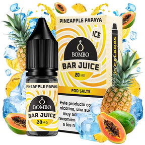 Botella de e-liquid Bombo Bar Juice Pineapple Papaya de 10 ml, con diseño tropical que evoca piña y papaya.