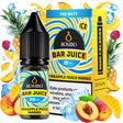 e-liquid bottle Bombo Bar Juice Pineapple Peach Mango 10 ml with a label in yellow and orange tones, next to its box, accompanied by pineapple, peach and mango that evoke a tropical, sweet and fruity flavor.