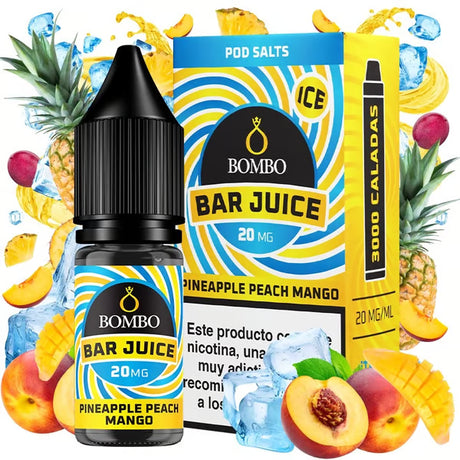 bottiglia di liquido elettronico Bombo Bar Juice Ananas Pesca Mango 10 ml con un'etichetta nei toni del giallo e dell'arancione, accanto alla sua scatola, accompagnata da ananas, pesca e mango che evocano un sapore tropicale, dolce e fruttato.