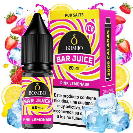 Botella de e-liquid Bombo Bar Juice Pink Lemonade Ice de 10 ml, con diseño refrescante que evoca limonada rosa con efecto frío.