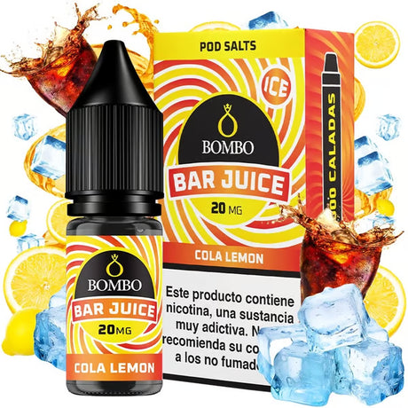 Botella de sales de nicotina Bombo Bar Juice Cola Lemon de 10 ml con etiqueta en tonos marrones y amarillos, junto a su caja, acompañada de cola, rodajas de limón y burbujas que evocan un sabor refrescante, cítrico y tipo refresco.
