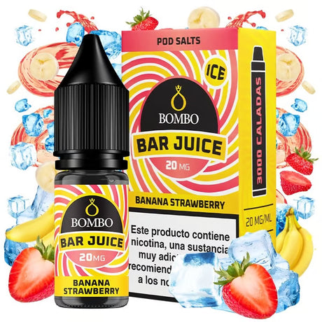 e-liquid bottle Bombo Bar Juice 10 ml Strawberry Banana with a label in red and yellow tones, along with its box, accompanied by strawberries and banana that evoke a sweet, creamy and fruity flavor.