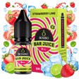 bottiglia di liquido elettronico Bombo Bar Juice Strawberry Lime Ice da 10 ml con un'etichetta nei toni del rosso e del verde, insieme alla sua scatola, accompagnato da fragole, lime e ghiaccio che evocano un sapore dolce, agrumato e rinfrescante.
