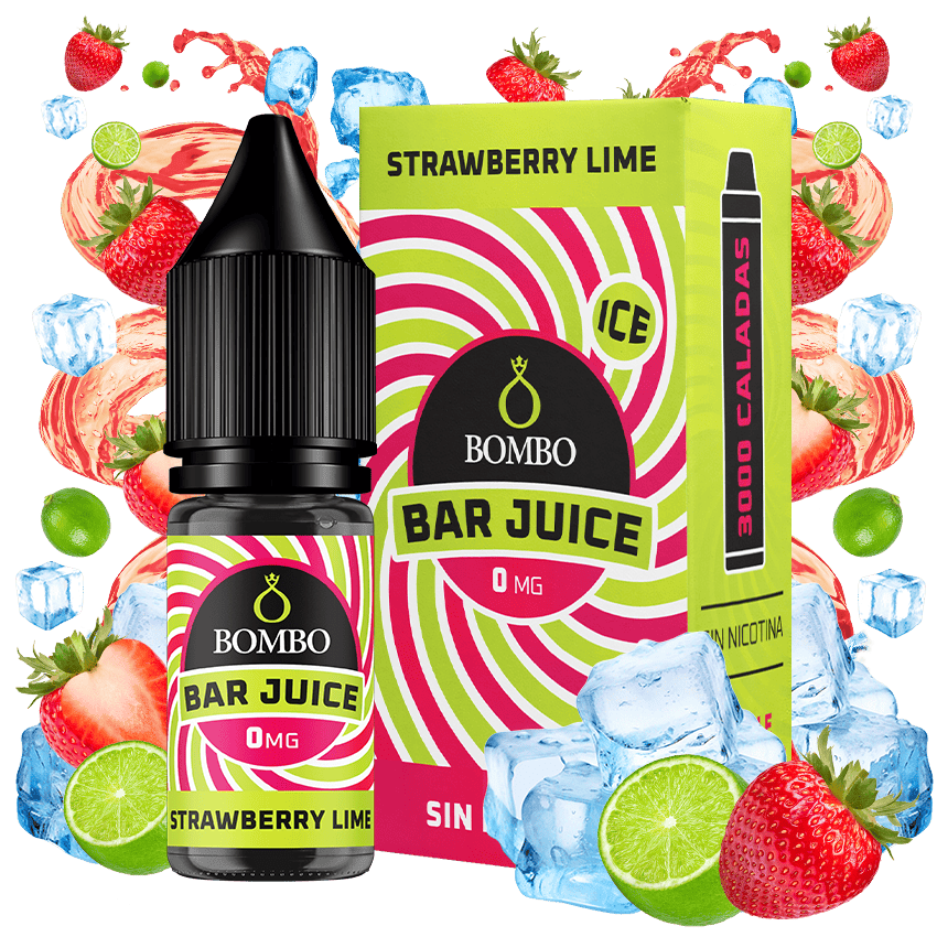bottiglia di liquido elettronico Bombo Bar Juice Strawberry Lime Ice da 10 ml con un'etichetta nei toni del rosso e del verde, insieme alla sua scatola, accompagnato da fragole, lime e ghiaccio che evocano un sapore dolce, agrumato e rinfrescante.
