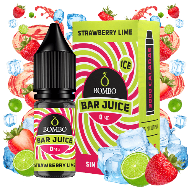 bottiglia di liquido elettronico Bombo Bar Juice Strawberry Lime Ice da 10 ml con un'etichetta nei toni del rosso e del verde, insieme alla sua scatola, accompagnato da fragole, lime e ghiaccio che evocano un sapore dolce, agrumato e rinfrescante.