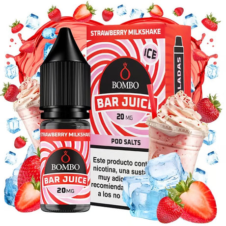 Botella de e-liquid Bombo Bar Juice sabor Strawberry Milkshake de 10 ml, con diseño colorido y estilo dulce que evoca un batido de fresa.