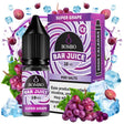 Botella de e-liquid Bombo Bar Juice Super Grape Ice de 10 ml con etiqueta en tonos morados, junto a su caja, acompañada de uvas y hielo que evocan un sabor dulce, afrutado y refrescante.