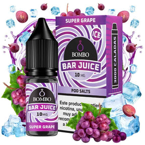 Botella de e-liquid Bombo Bar Juice Super Grape Ice de 10 ml con etiqueta en tonos morados, junto a su caja, acompañada de uvas y hielo que evocan un sabor dulce, afrutado y refrescante.