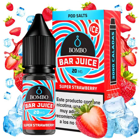e-liquid bottle Bombo Bar Juice Super Strawberry 10 ml, with a fruity design that evokes sweet strawberry.