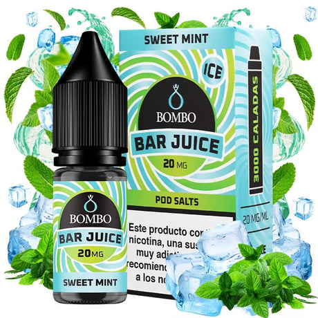 bottiglia di liquido elettronico Bombo Bar Juice Sweet Mint Ice 10 ml con un'etichetta verde, accanto alla sua scatola, accompagnato da foglie di menta e ghiaccio che evocano un sapore dolce, fresco e di menta.