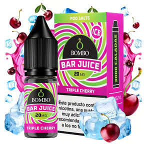 e-liquid bottle Bombo Bar Juice Triple Cherry 10 ml with a red label, next to its box, accompanied by cherries that suggest an intense, sweet and fruity flavor.