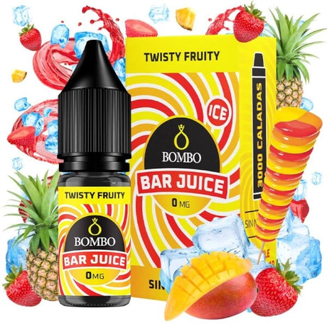 bottiglia di liquido elettronico Bombo Bar Juice Twisty Fruity 10 ml, dal design colorato che evoca una miscela di frutti tropicali dall'effetto rinfrescante.