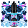Botella de e-liquid Bombo Bar Juice Ultra Blue Razz de 10 ml con etiqueta en tonos azules, junto a su caja, acompañada de frambuesas azules que sugieren un sabor dulce y ligeramente ácido.