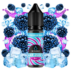 Botella de e-liquid Bombo Bar Juice Ultra Blue Razz de 10 ml con etiqueta en tonos azules, junto a su caja, acompañada de frambuesas azules que sugieren un sabor dulce y ligeramente ácido.