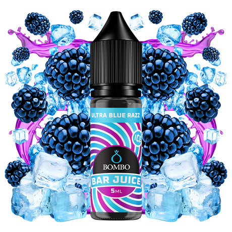 Botella de e-liquid Bombo Bar Juice Ultra Blue Razz de 10 ml con etiqueta en tonos azules, junto a su caja, acompañada de frambuesas azules que sugieren un sabor dulce y ligeramente ácido.