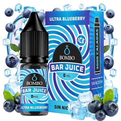 e-liquid bottle Bombo Bar Juice Ultra Blueberry Ice of 10 ml with a label in blue tones, next to its box, accompanied by blueberries and ice that evoke a sweet and refreshing flavor.