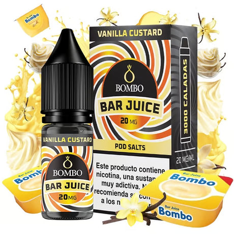 Botella de e-liquid Bombo Bar Juice sabor Vanilla Custard de 10 ml, con diseño dulce que evoca vainilla cremosa y natilla.