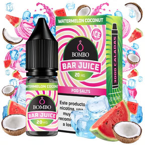 Botella de e-liquid Bombo Bar Juice sabor Watermelon Coconut de 10 ml, con diseño tropical que evoca sandía y coco.