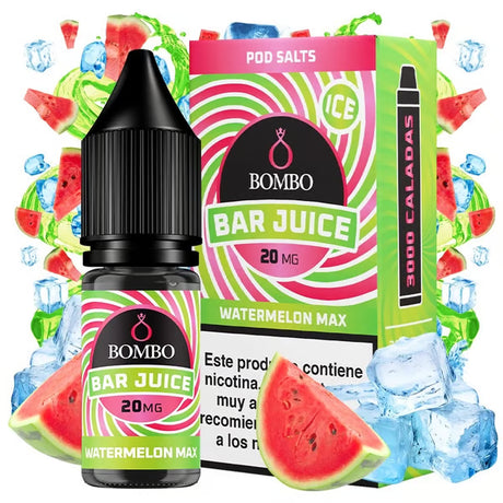 e-liquid bottle Bombo Bar Juice Watermelon Max Ice 10 ml, with a refreshing design that evokes sweet watermelon with an intense cold effect.