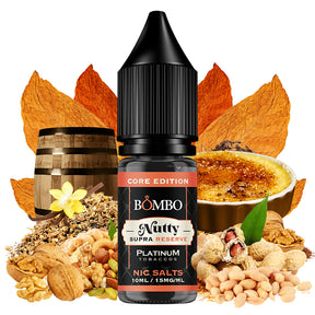 Botella de e-liquid Bombo Core Edition Nutty Supra Reserve de 10 ml, con diseño que evoca tabaco, frutos secos, vainilla y crema caramelizada.