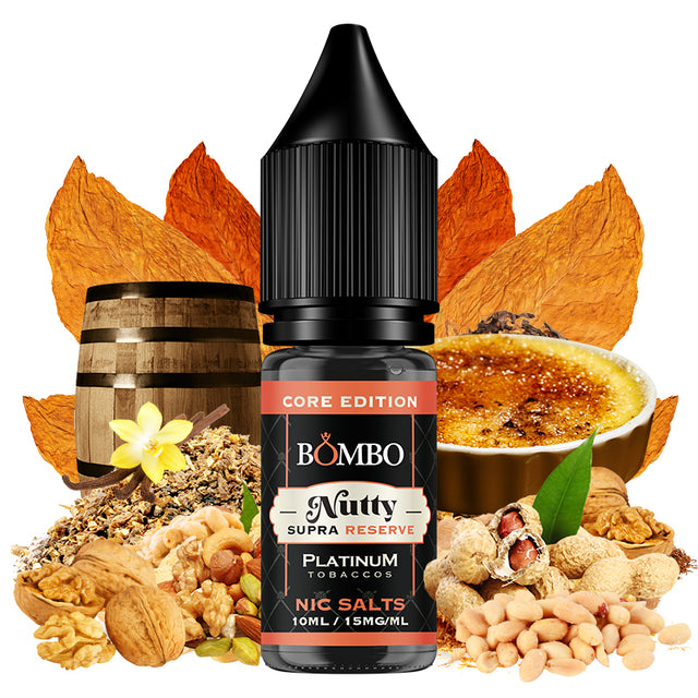 Botella de e-liquid Bombo Core Edition Nutty Supra Reserve de 10 ml, con diseño que evoca tabaco, frutos secos, vainilla y crema caramelizada.