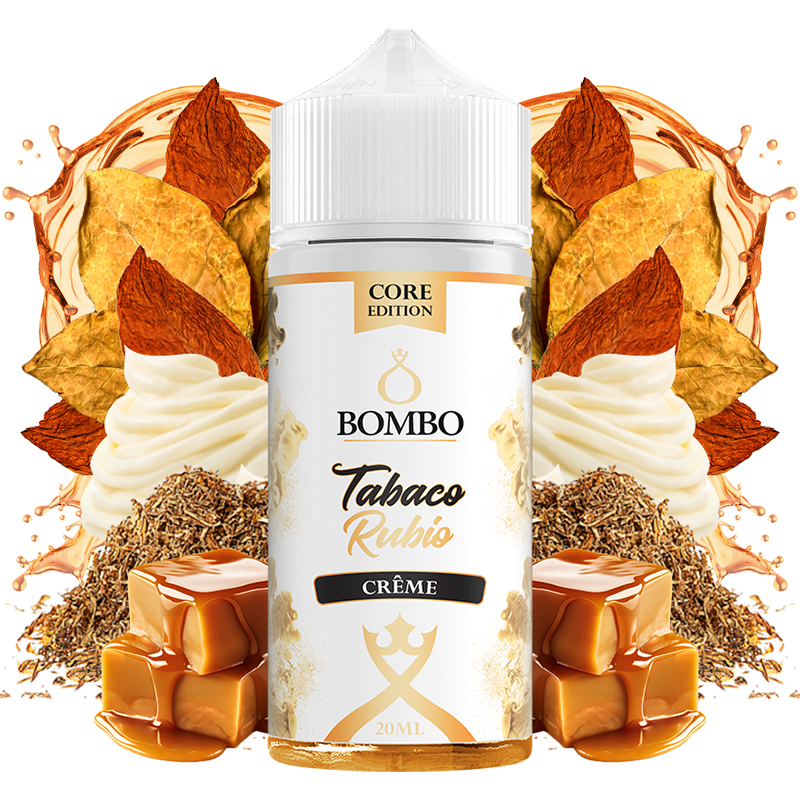 Flacon d'arôme Bombo Core Edition Blonde Creme Tobacco de 20 ml (format 20/120 ml), au design élégant, qui représente une douce saveur de tabac blond combinée à des notes crémeuses et sucrées.