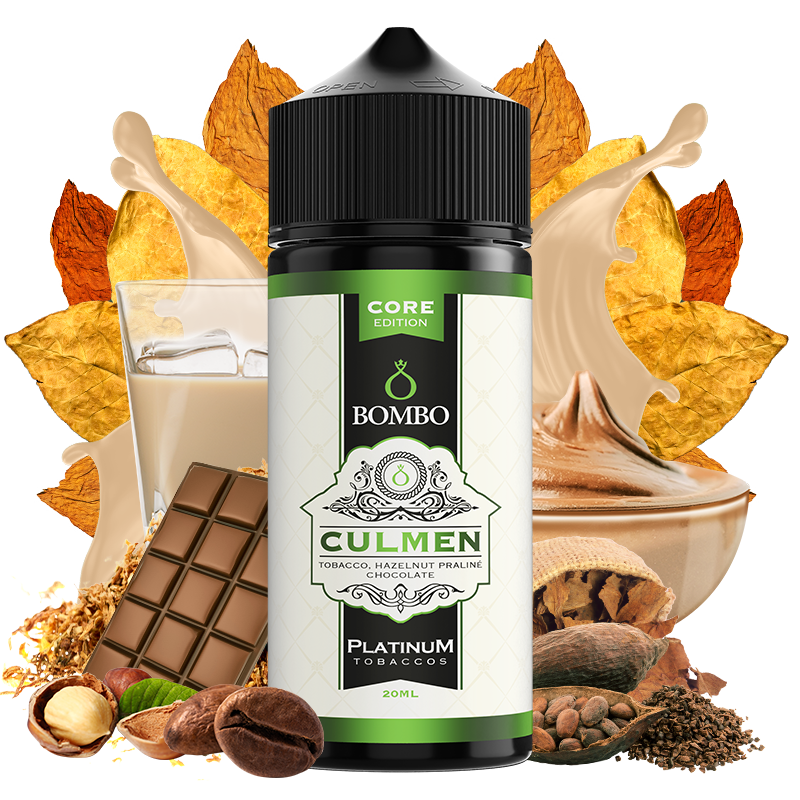 Botella de aroma Bombo Culmen Platinum Tobaccos de 20 ml (formato 20/120 ml), con diseño elegante en tonos beige y verde, que representa un sabor de tabaco con matices intensos, dulces y ligeramente tostados de la gama Platinum Tobaccos.