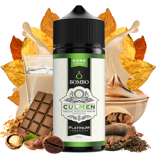 Botella de aroma Bombo Culmen Platinum Tobaccos de 20 ml (formato 20/120 ml), con diseño elegante en tonos beige y verde, que representa un sabor de tabaco con matices intensos, dulces y ligeramente tostados de la gama Platinum Tobaccos.