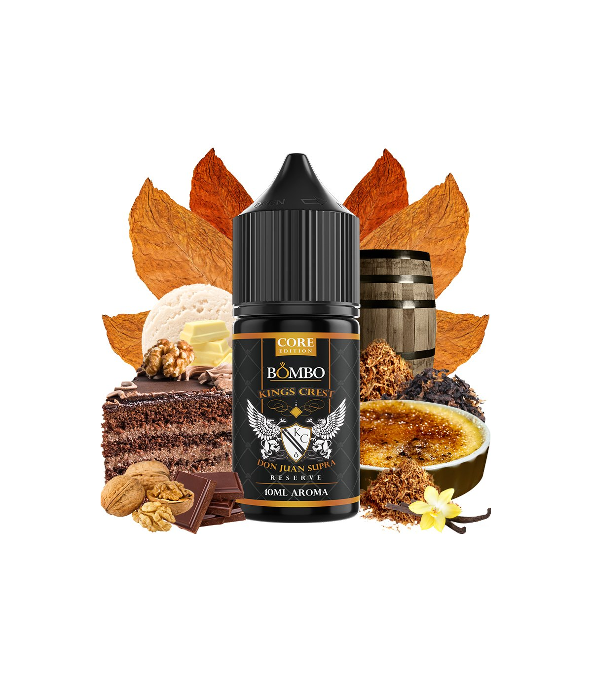 Bombo Kings Crest Don Juan Supra Reserve Flacone da 10 ml per e-liquid, dal design che evoca tabacco, cioccolato, nocciole e crema caramellata.