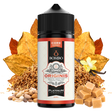 Flacon d'arôme Bombo Originis Platinum Tobaccos de 20 ml (format 20/120 ml), au design élégant dans les tons beige et rouge, accompagné de feuilles de tabac, de vanille, de noix et de caramel qui représentent sa saveur douce et grillée.