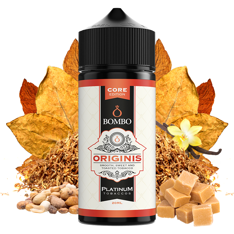 Flacon d'arôme Bombo Originis Platinum Tobaccos de 20 ml (format 20/120 ml), au design élégant dans les tons beige et rouge, accompagné de feuilles de tabac, de vanille, de noix et de caramel qui représentent sa saveur douce et grillée.