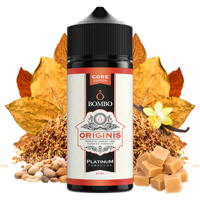 Flacon d'arôme Bombo Originis Platinum Tobaccos de 20 ml (format 20/120 ml), au design élégant dans les tons beige et rouge, accompagné de feuilles de tabac, de vanille, de noix et de caramel qui représentent sa saveur douce et grillée.