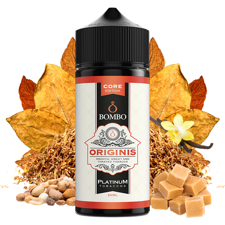Botella de aroma Bombo Originis Platinum Tobaccos de 20 ml (formato 20/120 ml), con diseño elegante en tonos beige y rojo, acompañada de hojas de tabaco, vainilla, frutos secos y caramelo que representan su sabor dulce y tostado.
