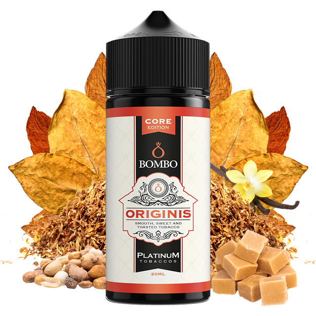 Flacon d'arôme Bombo Originis Platinum Tobaccos de 20 ml (format 20/120 ml), au design élégant dans les tons beige et rouge, accompagné de feuilles de tabac, de vanille, de noix et de caramel qui représentent sa saveur douce et grillée.