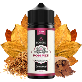 Flacon d'arôme Bombo Pompeii Platinum Tobaccos de 20 ml (format 20/120 ml), au design élégant dans les tons beige et rouge, qui représente une saveur de tabac aux nuances douces et épicées caractéristiques de la gamme Platinum Tobaccos.