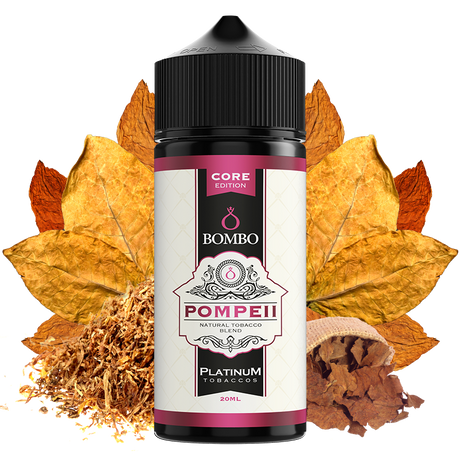 Botella de aroma Bombo Pompeii Platinum Tobaccos de 20 ml (formato 20/120 ml), con diseño elegante en tonos beige y rojo, que representa un sabor de tabaco con matices dulces y especiados característicos de la gama Platinum Tobaccos.