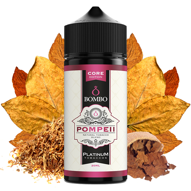 Flacon d'arôme Bombo Pompeii Platinum Tobaccos de 20 ml (format 20/120 ml), au design élégant dans les tons beige et rouge, qui représente une saveur de tabac aux nuances douces et épicées caractéristiques de la gamme Platinum Tobaccos.