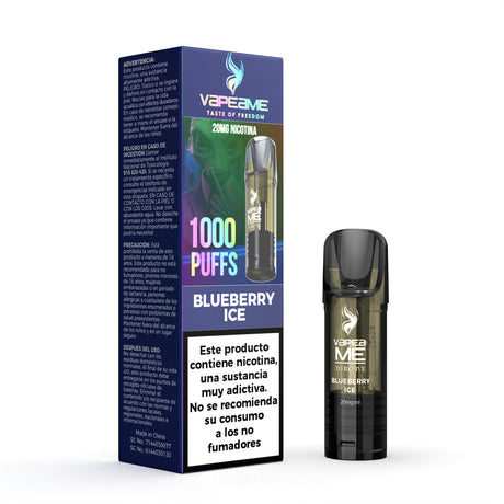 Capsula Vapeame To Revive Blueberry x1, vape pod ricaricabile con e-liquid al gusto dolce di mirtillo, capacità di 2 ml, 20 mg/ml di nicotina e fino a 1000 boccate, presentato insieme alla sua scatola originale con le informazioni sul prodotto.