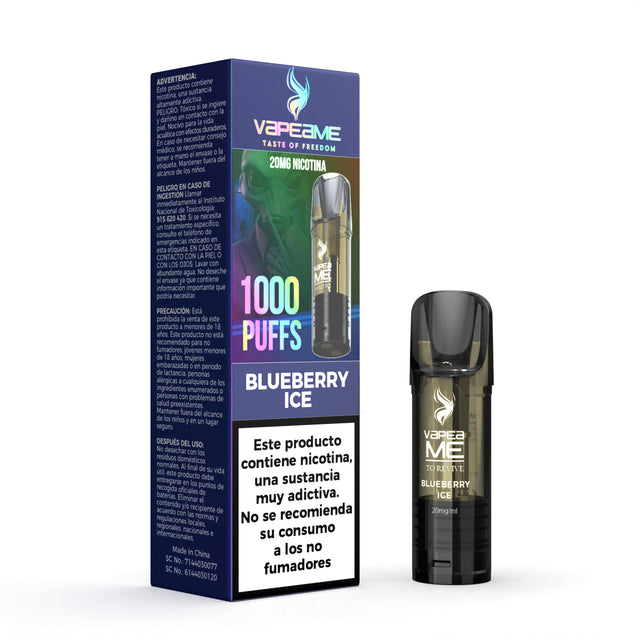 Capsule Vapeame To Revive Blueberry x1, vape pod rechargeable avec e-liquide au goût sucré de myrtille, capacité 2 ml, 20 mg/ml de nicotine et jusqu'à 1000 bouffées, présenté avec sa boîte d'origine avec informations produit.