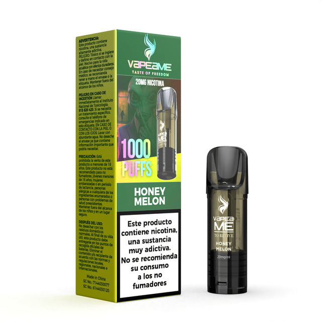 Capsule Vapeame To Revive Honey Melon x1, vape pod rechargeable avec e-liquide saveur melon sucré de type miellat, contenance 2 ml, 20 mg/ml de nicotine et jusqu'à 1000 bouffées, présenté avec sa boîte d'origine avec informations produit.